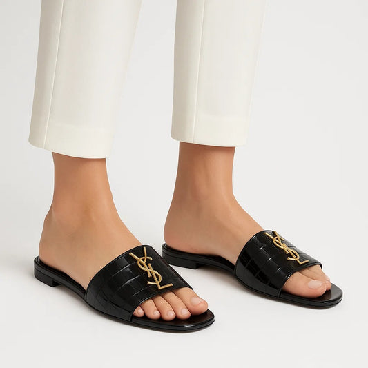 YSL CROC FLAT -BLACK