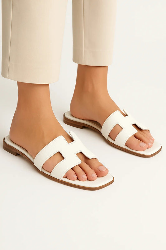 HERMES FLAT SLIPPER -WHIITE